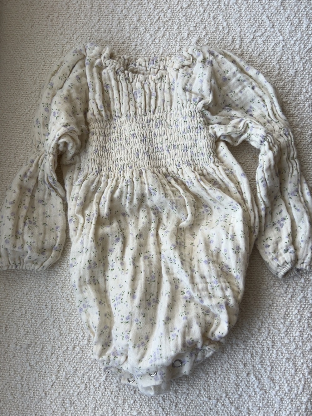 Cream Floral Smocked Long-Sleeve Baby One-Piece